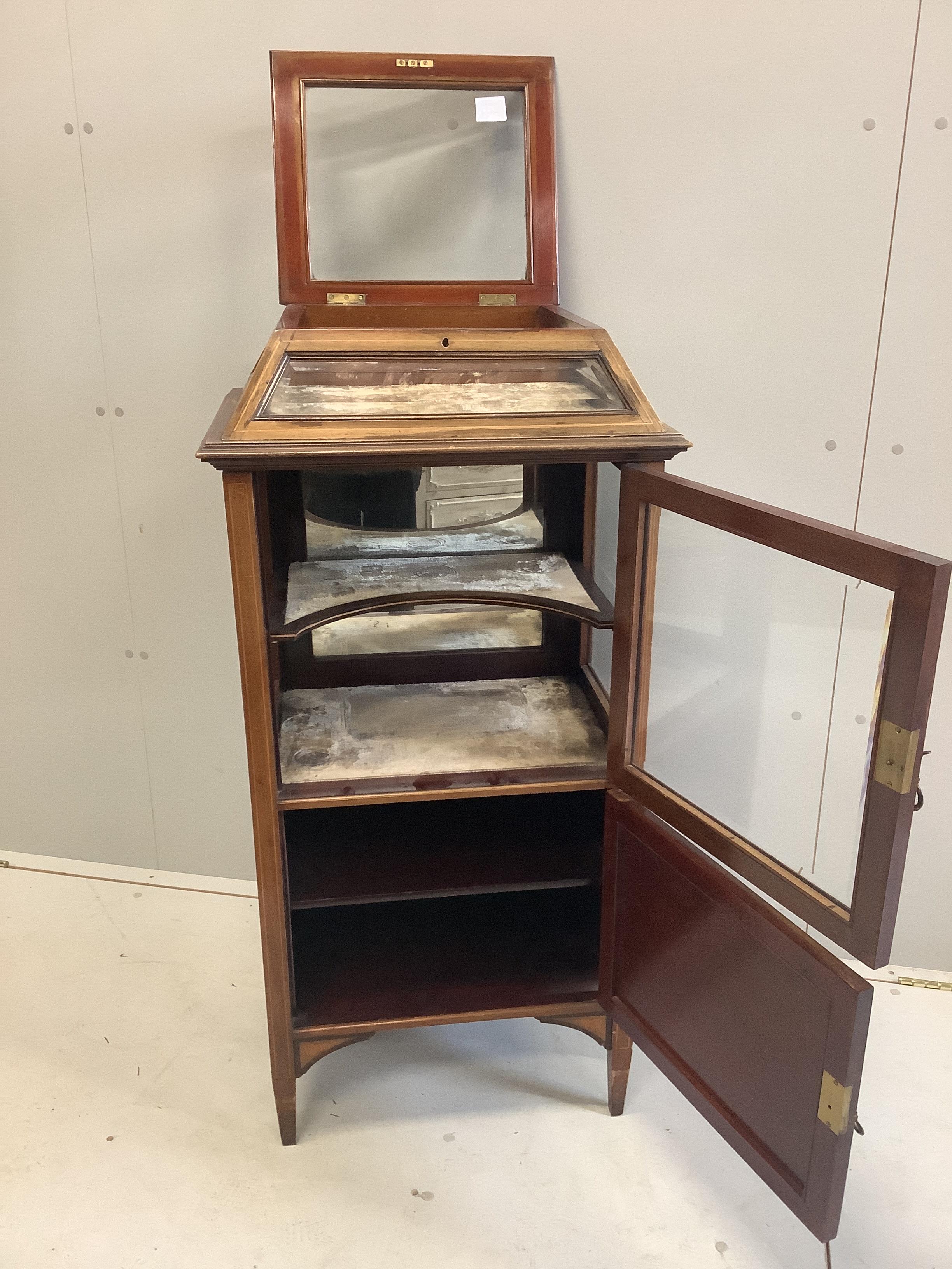An Edwardian satinwood banded gilt metal mounted mahogany bijouterie cabinet, width 55cm, depth 41cm, height 112cm